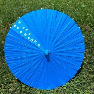 Blue Paper Parasol with White Flower Design